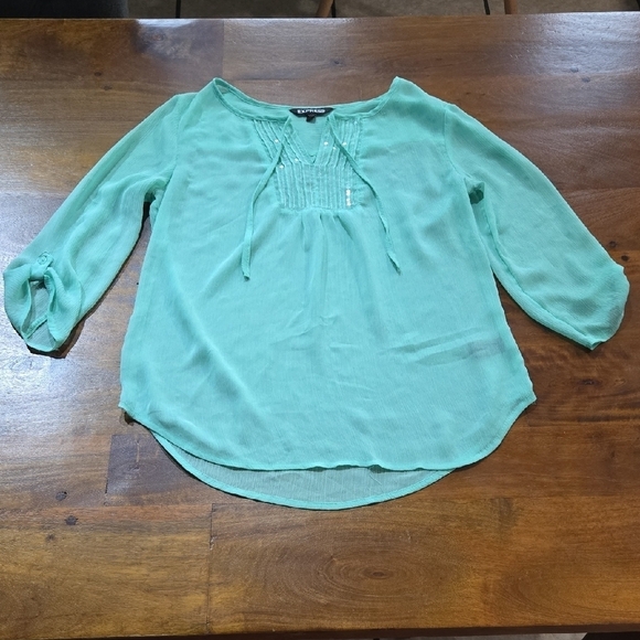 Express Tops - Express Mint Sequin Sheer Chiffon Rolled Cuff Boho Peasant Top Size XS